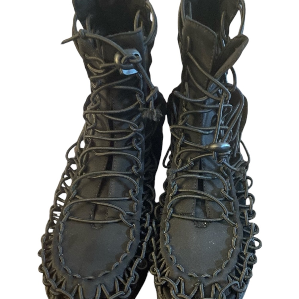Jeffrey Campbell black gladiator wedge bungie cord shoes.gently used.